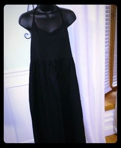 Black cotton and linen halter maxi dress.